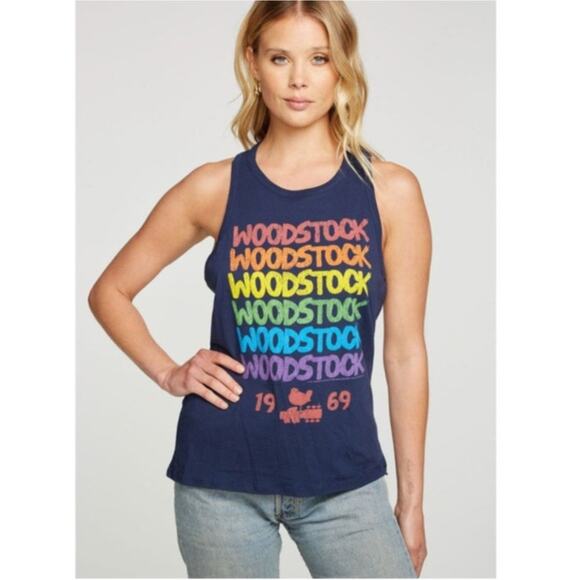 Chaser NWT Women's Medium Blue 100% Cotton Woodstock 1969 Rainbow Tank Top - Picture 1 of 8